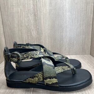Vince Morris Strappy Flat Sandals 10M Snake Skin Ankle Strap Leather Green Black